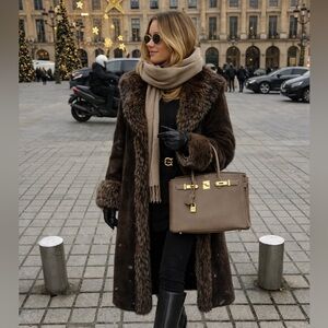 Luxury faux fur coat mid length dipped fur collar fur cuff fur trimmed brown